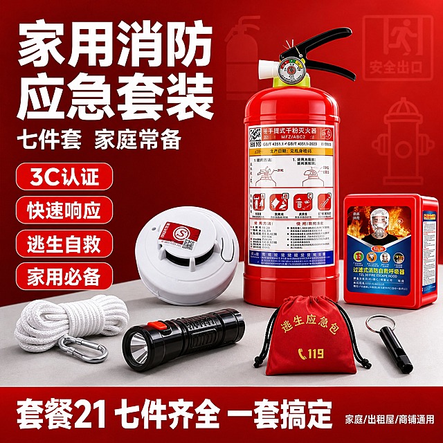 [单张主图] 家用消防应急七件套 拼多多爆款促销感主图 1:1比例 目标是3秒内让用户看清是消防应急套装、七件齐全、家用常备，突出专业可信与性价比。

[画面主体] 画面中心偏右展示消防应急七件套产品组合，以3KG红色干粉灭火器为视觉核心主体（占比最大，位于中心偏右），周围错落摆放3C烟感报警器、防烟面具盒、20M白色安全绳、黑色充电式手电筒、红色逃生应急收纳袋、消防口哨，共七件产品，产品外观、颜色、结构、标签与输入产品图完全一致，保持真实产品比例，不夸张变形。主体整体占画面约55%-60%，产品完整不裁切，边缘清晰利落。

[构图版式] 采用「左文右品标签参数型」爆款版式。左侧35%-40%区域放主标题和卖点标签，右侧60%-65%放产品组合主体；底部18%-20%用通栏信息条收口，承接套装件数和核心利益点。整体信息分组清晰，不杂乱。

[场景元素] 背景为简洁消防主题，采用深红色到浅红色的渐变底色，干净不凌乱；背景中加入极淡的、虚化的消防元素剪影（如消防栓轮廓、灭火器轮廓、安全出口标识剪影），透明度很低，只作氛围点缀，绝不抢主体；底部有轻微的浅灰色台面承托，产品投下柔和接触阴影，不悬浮；整体背景简洁干净，消防氛围明确但不复杂。

[文案版式] 所有文字为中文，字体用粗黑体，强对比，清晰可读。
左上角主标题（最大字号，白色粗黑体）：
家用消防应急套装
主标题下方一行稍小白色字：
七件套 家庭常备
左侧中部竖排4个红色圆角胶囊标签（白字红底，每个标签一行）：
3C认证
快速响应
逃生自救
家用必备
底部通栏（深红色底，白色粗大字居中）：
套餐21 七件齐全 一套搞定
底部通栏右侧小字：
家庭/出租屋/商铺通用
文字全部放在负空间，不遮挡产品主体和关键标签。

[光影质感] 商业摄影质感，主光从左上方打来，产品表面有自然高光，红色灭火器有金属反光，塑料件质感真实，产品底部有柔和接触阴影，整体光线明亮通透，不暗不脏，产品边缘清晰。

[配色字体] 主色为消防红（正红/深红），辅助色为白色，强调色为浅灰；字体统一粗黑体，主标题最大，标签文字中等，底部通栏文字大，辅助说明最小，层级分明。

[比例分辨率] 1:1正方形，2048px*2048px，2k高清，文字清晰可辨。

[负向提示词] 产品变形、产品模糊、错字、糊字、水印、平台Logo、二维码、背景杂乱、元素过多、消防元素喧宾夺主、产品悬浮、穿模、结构错误、颜色偏差、多余人物、杂乱边框、廉价感、脏污、划痕。