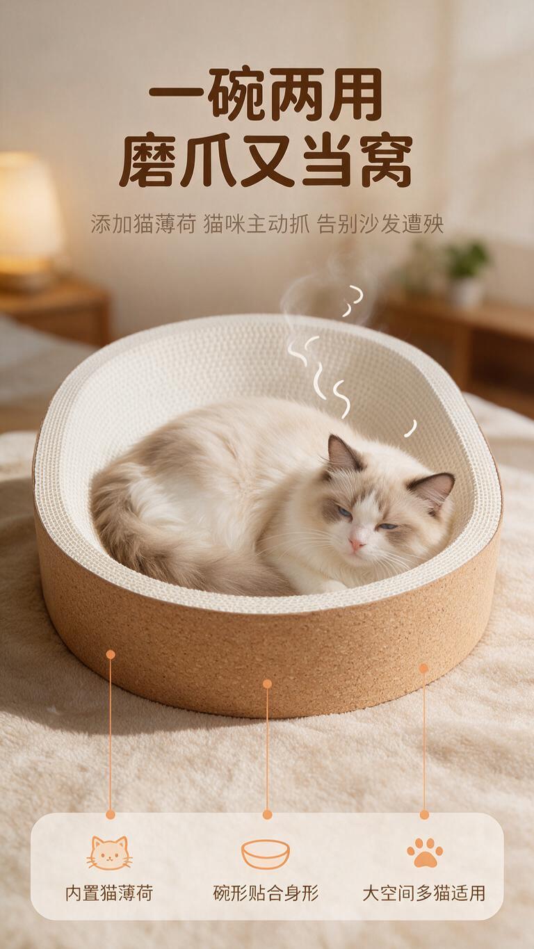 [商品] 使用【图5】椭圆碗形软木猫薄荷白牛卡猫抓板整体俯拍角… - 图片创意预览