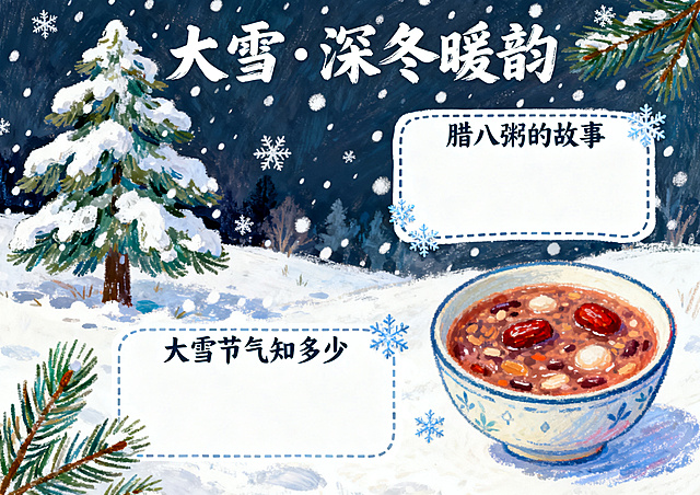 大雪主题手抄报，油画棒手绘风格，横版A4排版，清新色彩，包含大雪、松柏、腊八粥插画，深冬氛围，留有文字书写区域