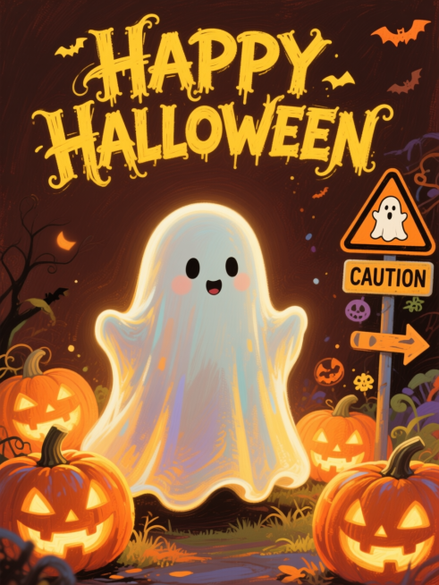 手绘油画风格，深棕色背景。主视觉是一只可爱幽灵。顶部黄色 “HAPPY HALLOWEEN”，极强万圣节设计感艺术字。幽灵周围环绕南瓜灯。右侧搭配带有 “CAUTION” 字样及幽灵图案的警示路牌、箭预览效果