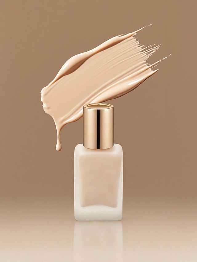 浅米色背景，产品后方搭配大面积粉底液液涂抹痕迹，柔美的流体，侧上方硬光打亮，凸显金属高光、膏体色泽