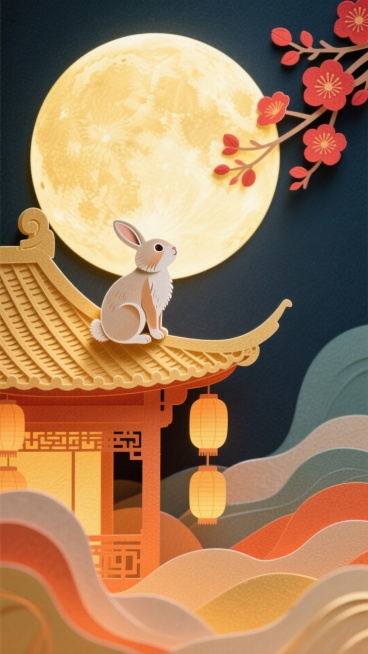 左下角是一座传统的中式建筑，屋檐飞翘，挂有几盏灯笼，一只可爱的兔子坐在传统中式建筑的屋檐上，面向一轮巨大的满月。整体风格采用了中国传统绘画与现代插画相结合的方式，色彩柔和，线条流畅。使用了温暖的色调，预览效果