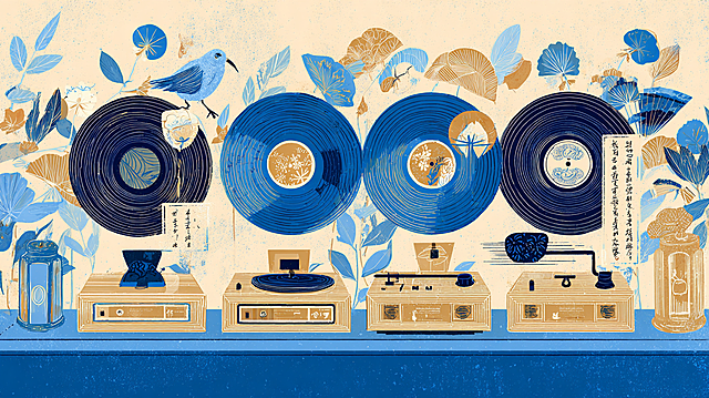 Style: Warm vintage hand-drawn illustration for graduation concert, soft cream-beige base, university brand blue as main accent, vinyl record motif as narrative spine, clean modular layout, no excessive textures, nostalgic but bright. Keeping consistent color palette: primary (#0B3B6C), gold accent (#D4AF37), cream-white base (#FDF7F0). Four vinyl records arranged horizontally in a single vintage record player slot, needle arm sweeping across from leftmost record to rightmost. Each record's label designed as mini 4-grid display with tiny cultural icon (Chinese fan / Japanese wind chime / Korean celadon crack / neon retro mic) + song title + artist + one lyric phrase. Monochromatic beige-gold-blue palette. Wall-to-wall style, flat hand-drawn illustration, ensure four-grid visual consistency.