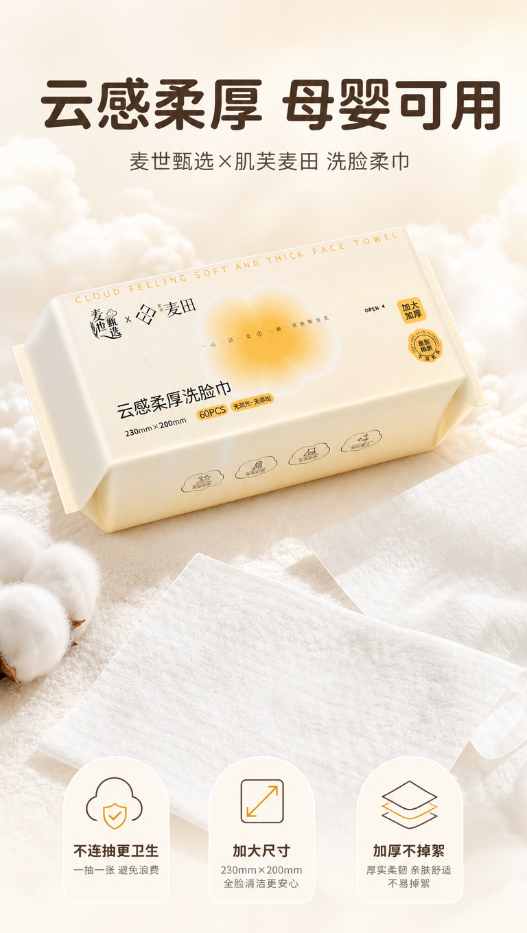 [商品] 使用【图1】麦世甄选肌芙麦田牌云感柔厚洗脸柔巾包装；… - 图片创意预览