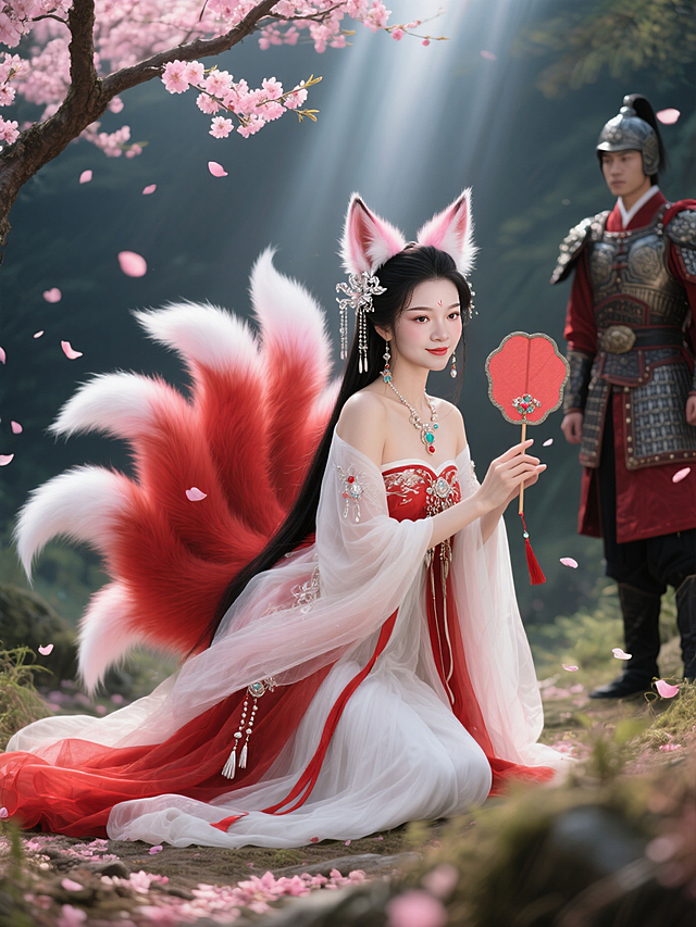 山海经九尾狐妖，含情眼，浅笑，眼尾上扬，大眼睛，手指精细。左手自然放着，右手拿着红玉手柄团扇，低头挑逗眼神看向镜头。精致银制头饰，珠宝。华丽红白古风多层长裙，长袖，精致首饰。流苏，乌黑长发垂落。头顶两侧竖立着一对毛茸茸的狐耳，耳朵内侧透着淡淡的粉色，身后许多条蓬松的大狐尾，尾尖带着淡淡的白色光芒。腰间系细丝带。跪坐，身体向前倾，桃花树下，红色尾巴，粉红色花瓣飘落，斑驳梦幻光影。精致妆容，露出肩膀，