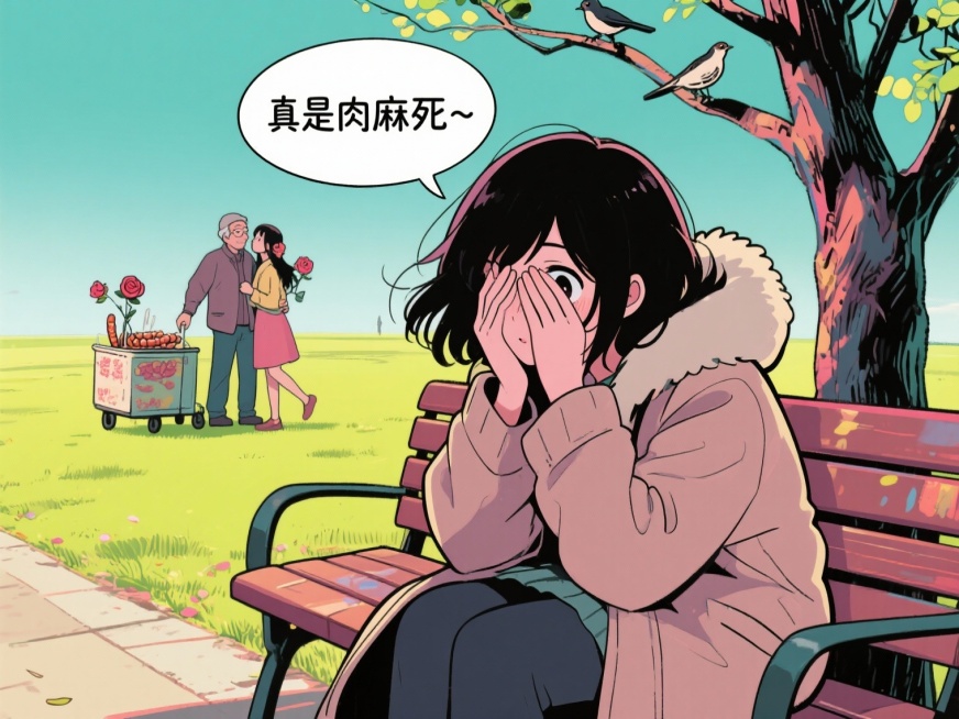 裹着厚外套的姑娘缩在公园长椅的角落，手捂着眼却忍不住从指缝里偷看，透过女孩的指缝看到不远处的草坪上，一对情侣搂在一起低声呢喃，男生手里的玫瑰花蹭到女生的发梢，卖烤肠的大爷推着车慢悠悠路过，香味飘得老远预览效果
