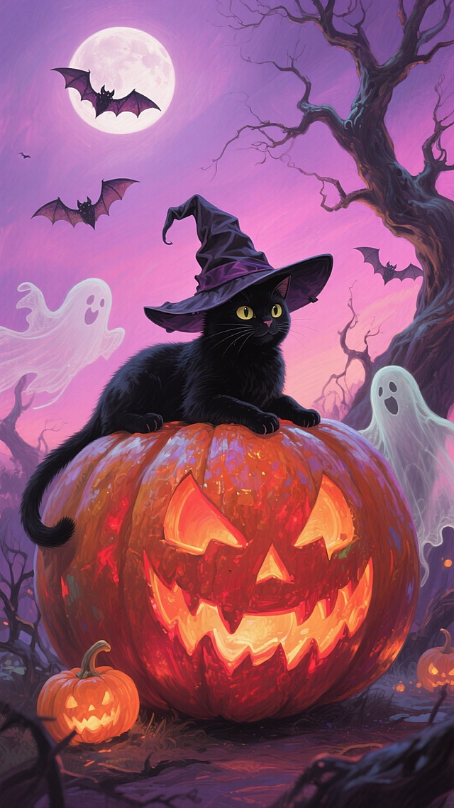 主体是带女巫帽的小黑猫趴在巨型南瓜灯上，周围环绕幽灵、蝙蝠、小南瓜灯等元素，背景是紫粉色渐变的月夜，点缀蝙蝠和枯树，神秘氛围。