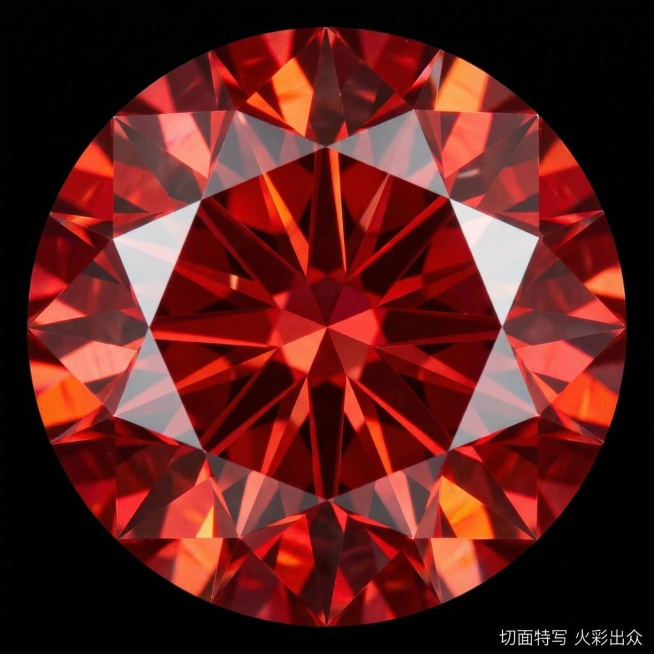 [主图 3] 鸽血红钻石裸石细节切面特写
[氛围/风格] 极致质感微距特写，璀璨高级奢华风。
[画面元素] 对原图钻石的切面刻面进行放大特写，突出每个切割面对光线的折射效果，展示钻石闪耀火彩。背景为暗预览效果