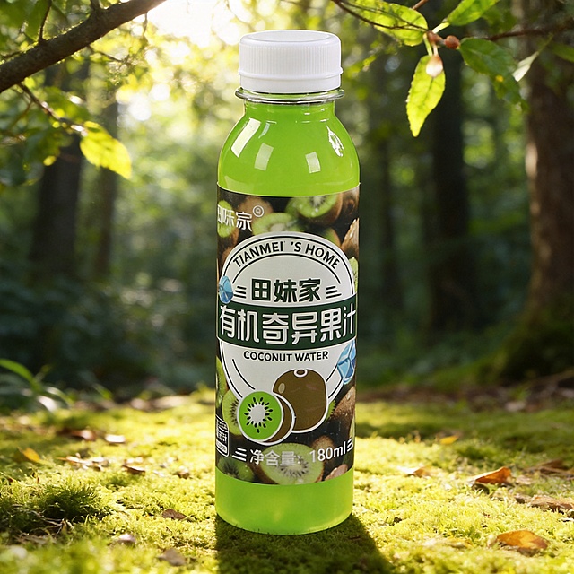 保持主体饮料和文字内容不变，将背景替换为一片宁静的森林边缘，阳光透过茂密的枝叶洒下斑驳光影。地面上铺满了柔软的苔藓和细碎的落叶，呈现出自然的绿色与黄色调。保持原图片的主体内容和布局不变，仅更换背景，保持1:1比例。