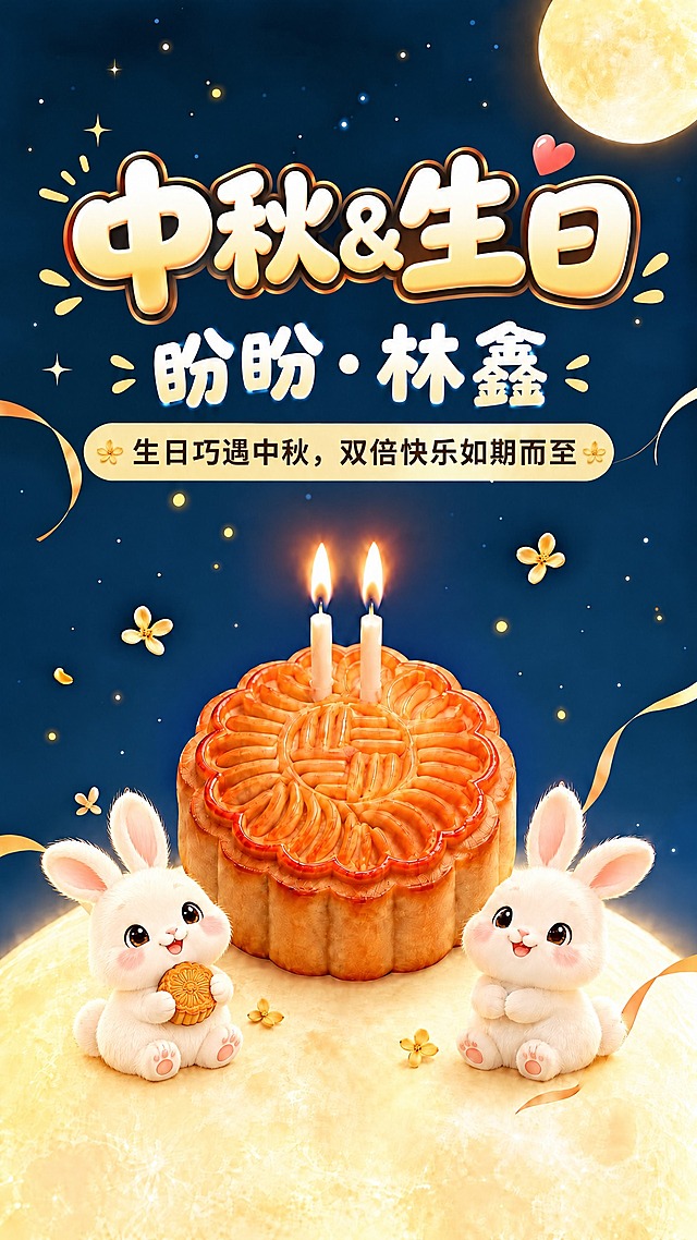 在月饼蛋糕的左下方添加第二只可爱的小玉兔，和右下方的兔子对称分布。两只兔子风格一致，都是毛茸茸3D卡通质感，表情开心治愈，左边兔子可以稍微换个姿势（比如抱着小月饼或歪头），和右边兔子形成呼应但不完全一样。其余画面保持不变：深蓝色夜空背景，星星光点，右上角金色满月，中央单层月饼蛋糕插两根蜡烛，散落桂花和金色彩带，上方文字"中秋&生日"、"盼盼·林鑫"、金色框内"生日巧遇中秋，双倍快乐如期而至"。整体构图饱满平衡，温馨可爱。画面中不出现任何二维码或二维码占位符。