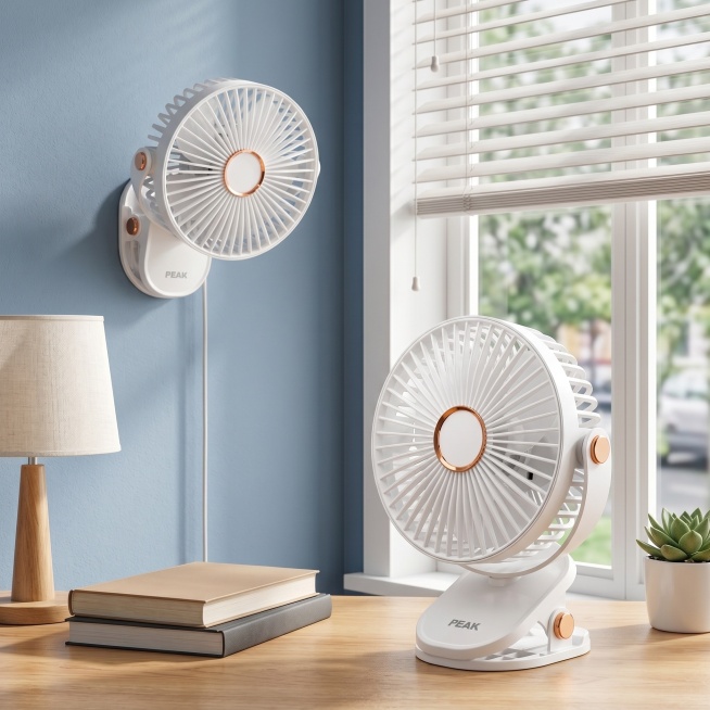 锁定图中两台白色风扇的原位置与细节、材质、大小完全不改变，产品位置不变，不改变产品外观。提升整体质感达到电商图级别，8K分辨率，专业商业渲染质感，清新治愈风3C小家电电商广告风格。采用平视微仰视的正侧预览效果