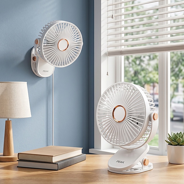 锁定图中两台白色风扇的原位置与细节、材质、大小完全不改变，产品位置不变，不改变产品外观。提升整体质感达到电商图级别，8K分辨率，专业商业渲染质感，清新治愈风3C小家电电商广告风格。采用平视微仰视的正侧透视视角，浅景深突出主体。整体场景为明亮通透的现代居家书房环境，背景是纯净的雾霾蓝色哑光墙面，右侧带白色百叶帘的落地窗，窗外是绿意盎然的户外街景与树木，营造清新自然、舒适惬意的视觉氛围。桌面风扇放置在浅原木色书桌的右侧中心区域，呈正面正对镜头，是第一视觉核心；另一台同款式白色风扇壁挂在书桌左上方的蓝色墙面上，呈正面正对镜头，作为第二视觉核心，上下呼应展示台挂两用属性。书桌左侧叠放两本浅棕色与深灰色封面的书籍，左边缘摆放一盏米白色布艺灯罩的木质台灯，右边缘靠窗摆放一盆绿色多肉植物，丰富场景细节。主次关系明确：桌面风扇为第一核心，位于右下侧核心区域，白色与雾霾蓝墙面、原木书桌形成清新对比，凸显空气循环多场景使用卖点；壁挂风扇为第二核心，位于左上侧，强化台挂两用功能；书籍台灯绿植百叶窗窗外街景为衬托元素，环绕四周增强层次与氛围感。整体色调以白色、雾霾蓝、原木色、绿色为主，光影为柔和自然日光，从百叶窗透入形成条状光影，产品家具配饰呈现细腻真实质感与通透空气感，真实环境光反射，产品与接触面光影自然融合，呈现稳定接触阴影与柔和反光，效果如真实拍摄，传递清凉舒适多场景适用健康循环风感受，适合电商主图宣传。