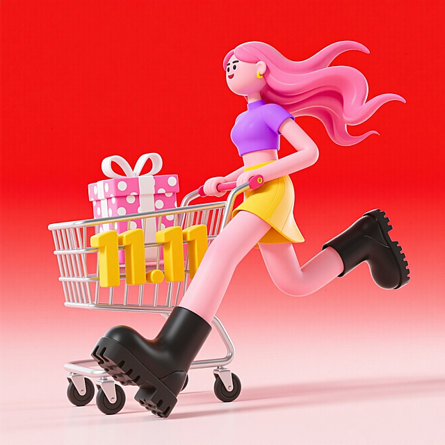 一个粉色披发的酷女人推着购物车向前奔跑，（"11.11“黄色数字和带白色波点的粉色礼盒）一起放在购物车里，干净的红色背景