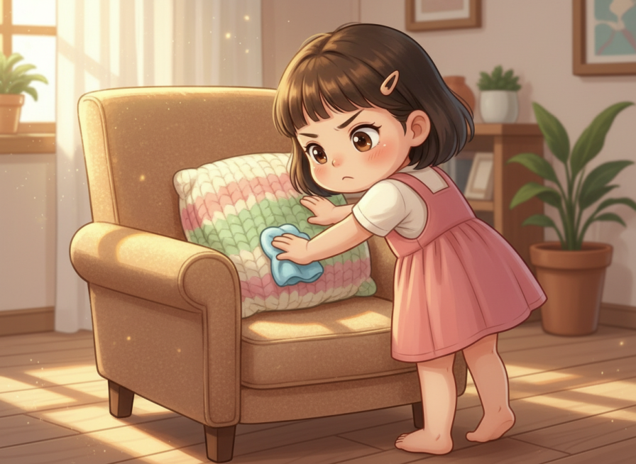 小女孩拿着小抹布，踮脚擦奶奶常坐的沙发扶手，还把奶奶喜欢的针织靠垫拍得松松软软，阳光从窗户照进来，落在她认真弯着的背上。预览效果