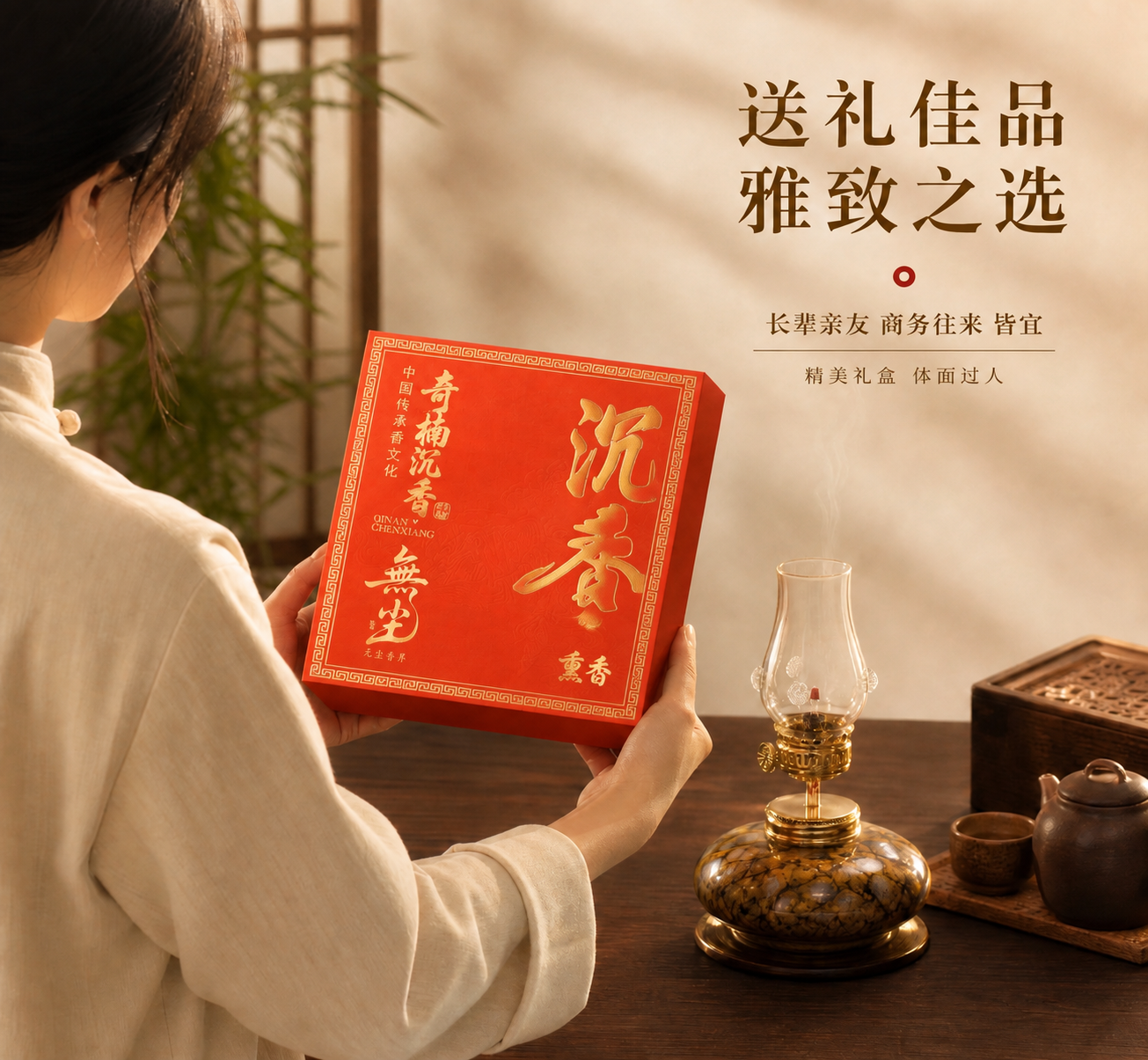 将图中人物双手捧着的红色礼盒，替换为右侧有金色大字「沉香」书法… - 图片创意预览