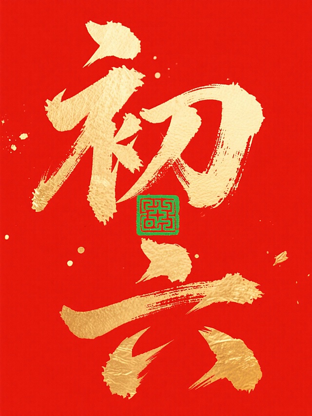 主体是巨型金色书法 “初六”，笔触苍劲有飞白质感，字间嵌入绿色传统回纹印章图案。红色背景。