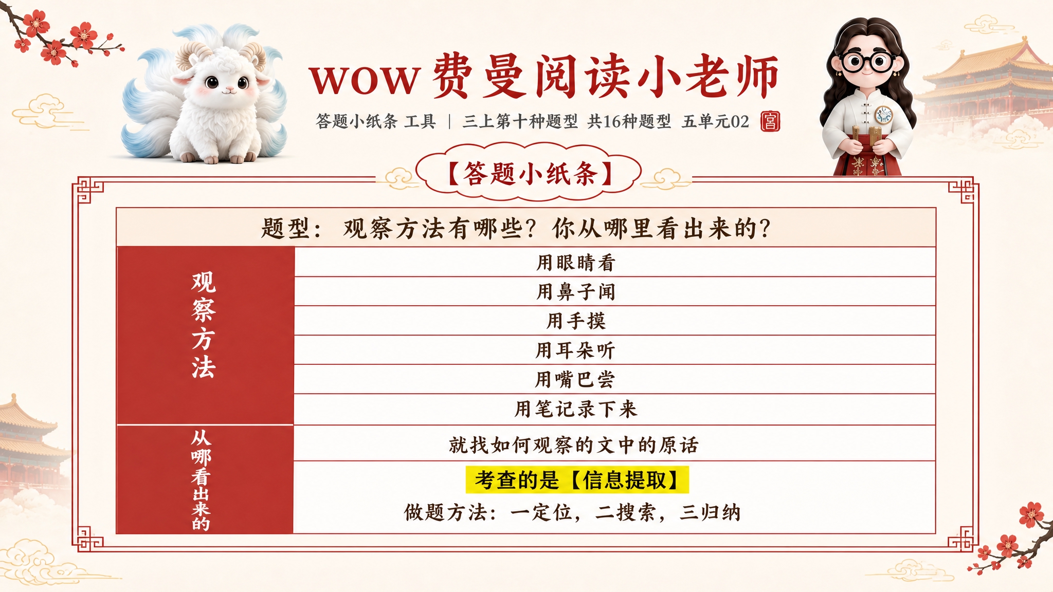 一张横版小学生语文阅读答题知识卡，淡雅故宫风格，米白底色配朱红… - 图片创意预览
