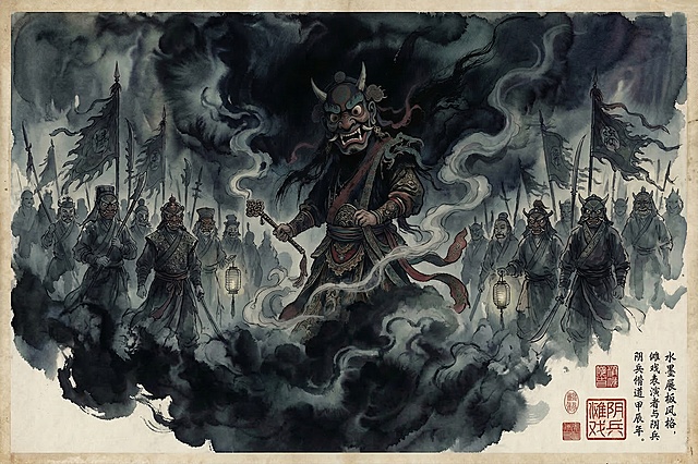 将画面中间的傩戏表演者改为半身呈现，采用仰视角度绘制，保持原有水墨展板风格、泼墨背景和两侧阴兵借道的场景不变