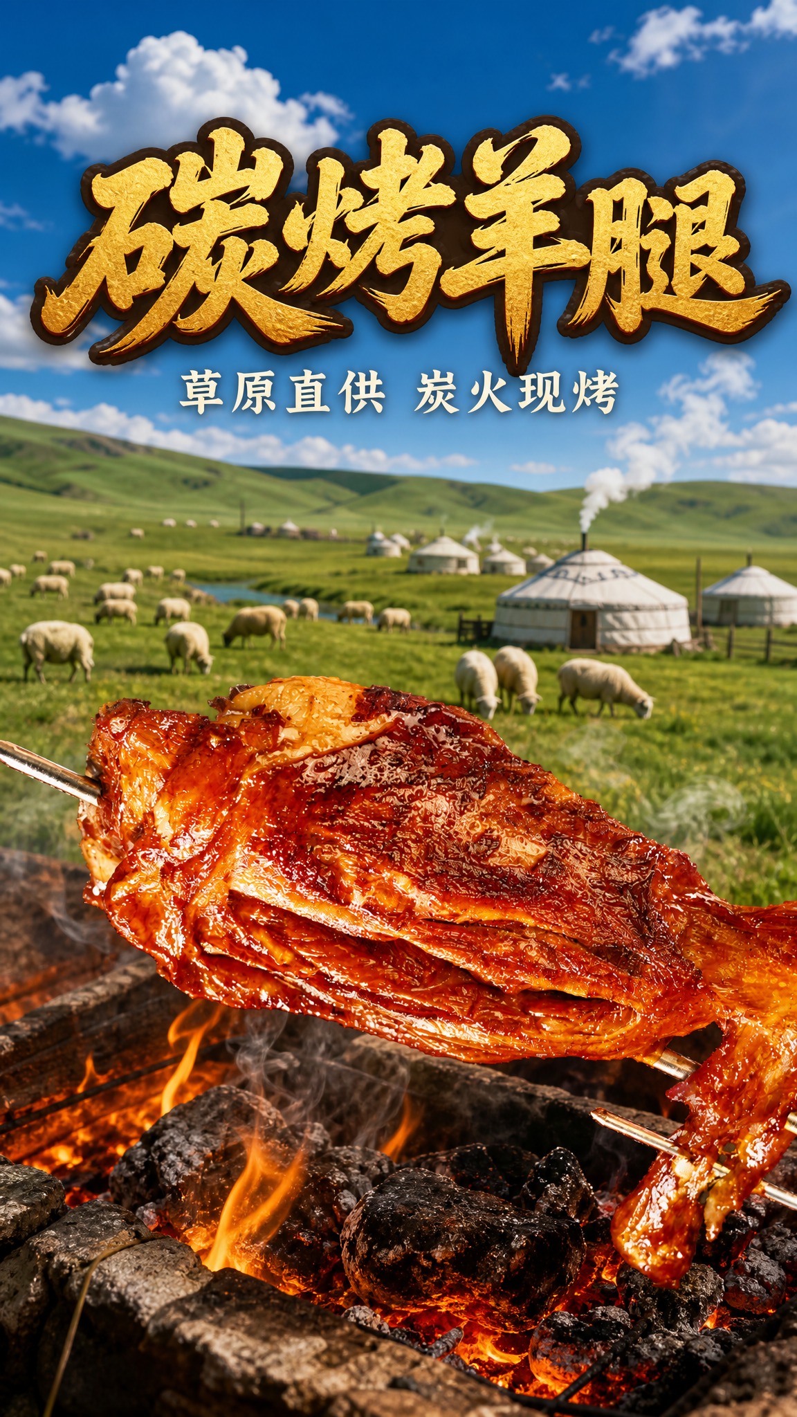 以这张碳烤羊腿图为商品主体，设计一张9:16竖版餐饮海报。10… - 图片创意预览