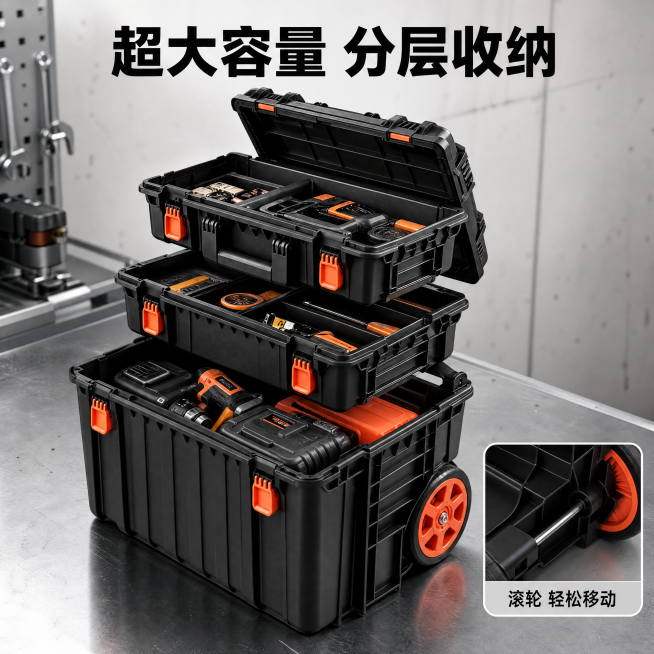 [主图-3] 堆叠工具箱大容量细节展示，硬核工业风，商业摄影质感，光线明快硬朗，产品清晰真实，画面干净高级。主体：主画面为工具箱分层打开后的大容量内部空间特写，保持箱体外部材质颜色锁扣样式和原产品图一预览效果