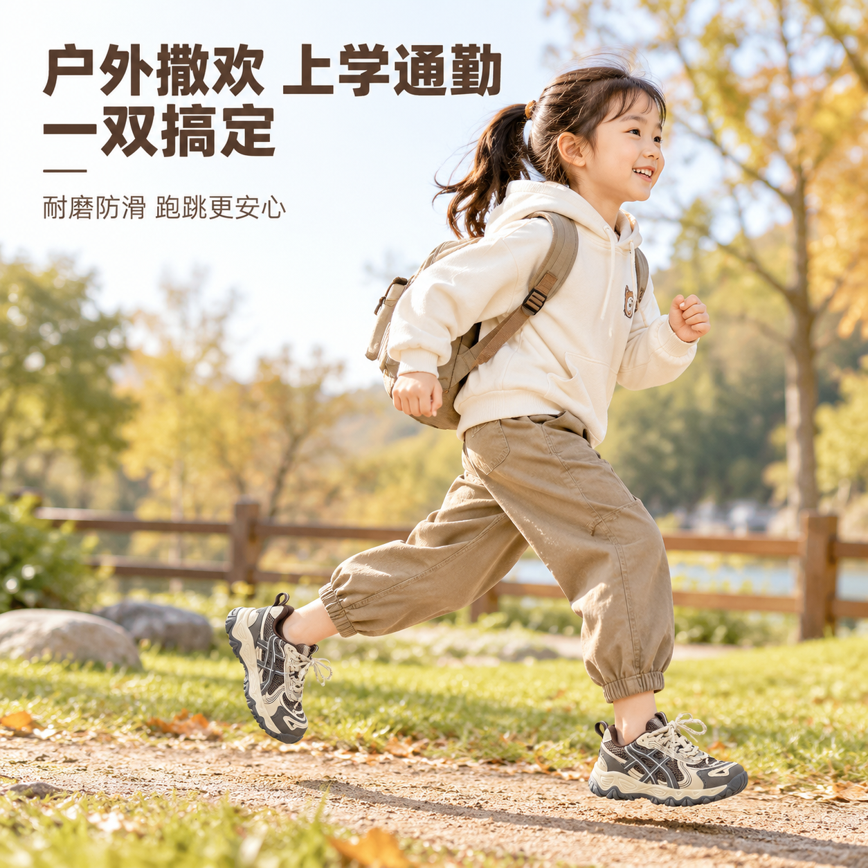 [主图-2 棕米款] 使用场景图，小朋友穿棕米款户外登山鞋在草… - 图片创意预览