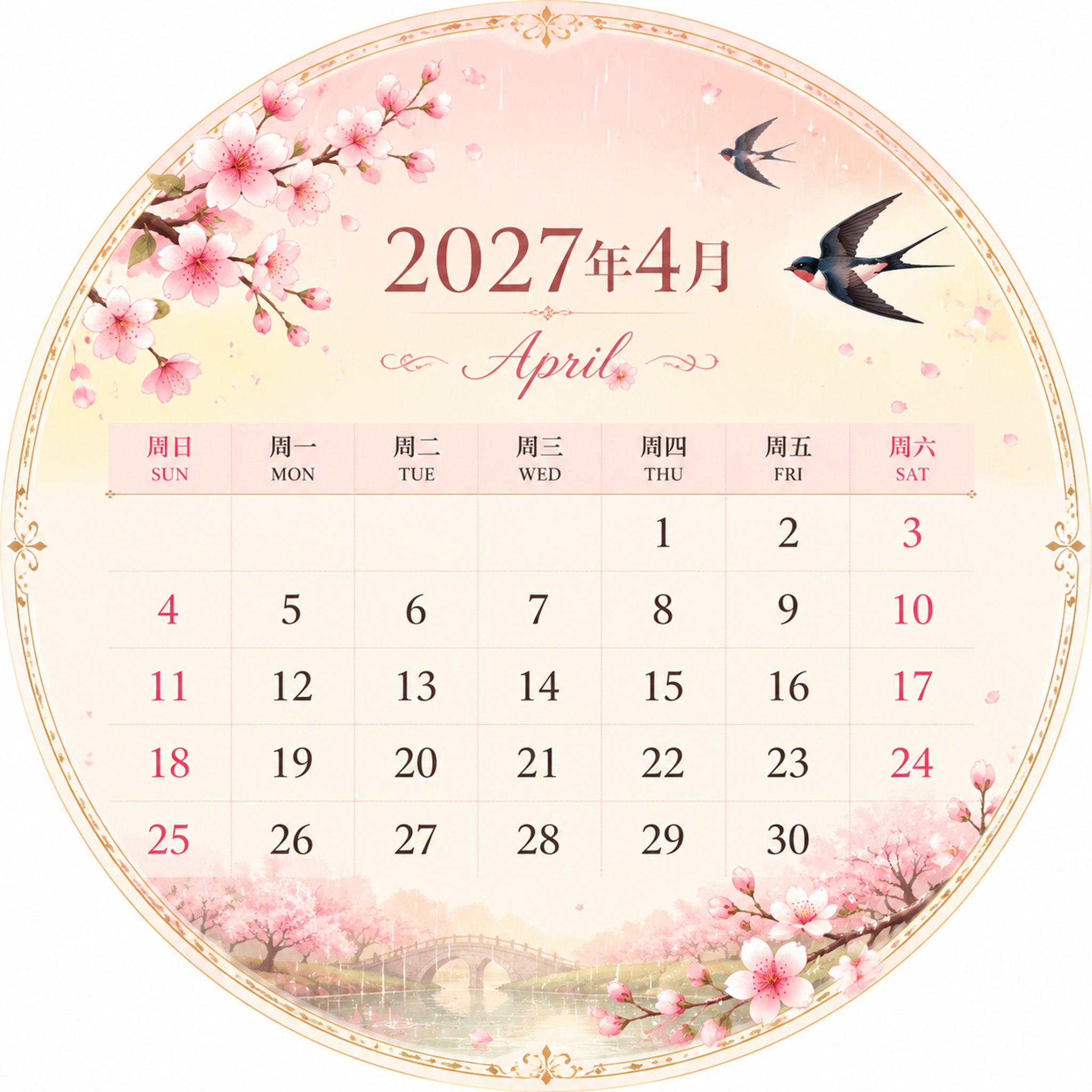 2027年4月圆形日历设计，整体为正圆形构图，圆形内包含完整的… - 图片创意预览