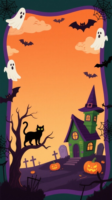 卡通风格万圣节海报背景，中央为大面积橙色渐变空白区域，四周环绕暗紫色边框，边框上装饰有漂浮的幽灵、蝙蝠剪影和蜘蛛网状图案，底部左侧有一棵枯树，树上栖息着一只睁着黄色眼睛的黑猫，右侧是一座带有尖顶塔楼的绿色女巫小屋，小屋周围散布着南瓜灯和墓碑，天空中飘着几片蝙蝠形状的云朵，整体色调以深绿、暗紫和橙色为主，营造出神秘诡异的节日氛围，视觉层次分明，信息传达清晰，适合作为节日宣传或活动背景使用。预览效果