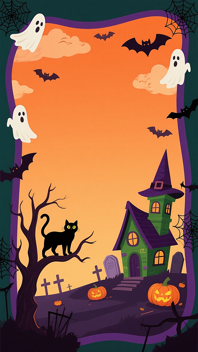 卡通风格万圣节海报背景，中央为大面积橙色渐变空白区域，四周环绕暗紫色边框，边框上装饰有漂浮的幽灵、蝙蝠剪影和蜘蛛网状图案，底部左侧有一棵枯树，树上栖息着一只睁着黄色眼睛的黑猫，右侧是一座带有尖顶塔楼的绿色女巫小屋，小屋周围散布着南瓜灯和墓碑，天空中飘着几片蝙蝠形状的云朵，整体色调以深绿、暗紫和橙色为主，营造出神秘诡异的节日氛围，视觉层次分明，信息传达清晰，适合作为节日宣传或活动背景使用。