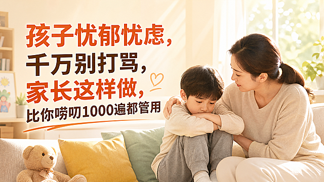 16比9横版育儿科普宣传图，主标题文案为"孩子忧郁忧虑，千万别打骂，家长这样做，比你唠叨1000遍都管用"，仅保留该文案不添加额外文字，风格温暖有吸引力，柔和自然配色，温馨亲子场景，整体积极正向，无违规内容