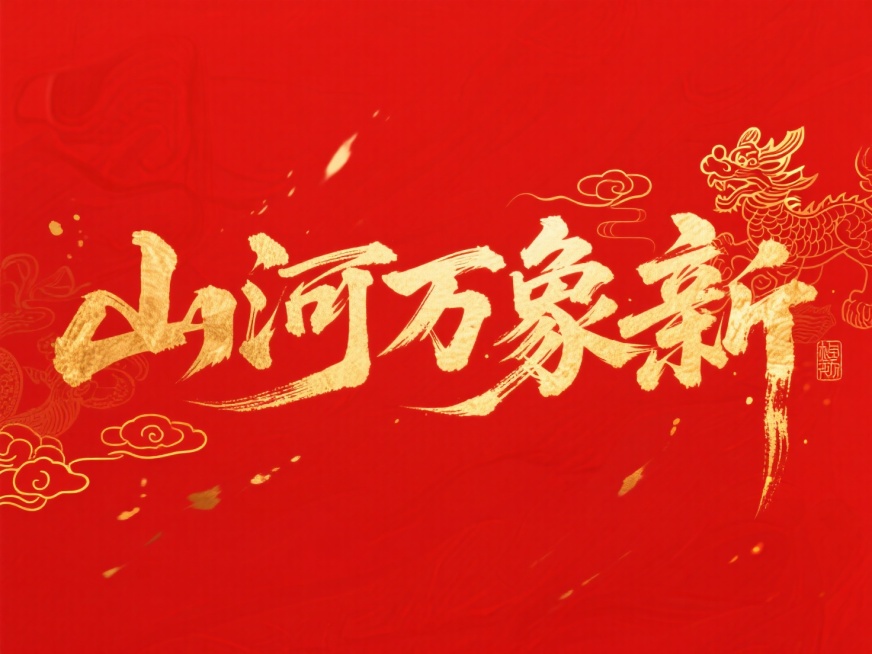 文案“山河万象新”文字，烫金水墨，金色国风元素，文字横向排列，纯红色背景预览效果