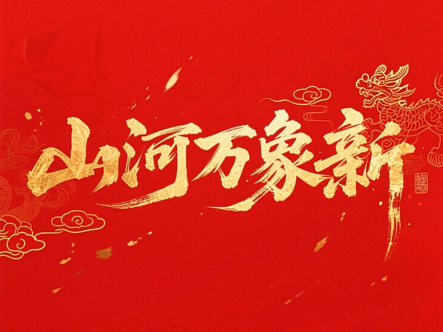 文案“山河万象新”文字，烫金水墨，金色国风元素，文字横向排列，纯红色背景