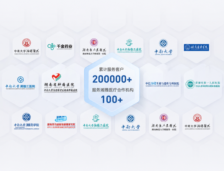 参考第一个图片的六边形蜂窝排版样式和文字内容布局，将第一个图片里所有企业logo和名称替换成第二个图片中提供的这些医院和机构logo和名称，保持整体布局风格一致，中间保留六边形文案框，文字修改为 '累预览效果