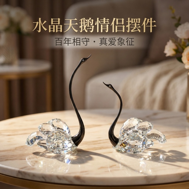 1:1竖版电商主图，严格还原产品为透明K9水晶搭配黑色金属长颈的水晶情侣天鹅摆件，成对摆放，质感通透璀璨；添加主标题 "水晶天鹅情侣摆件"，副标题 "百年相守・真爱象征"；产品居中展示，文字通栏贴合底预览效果
