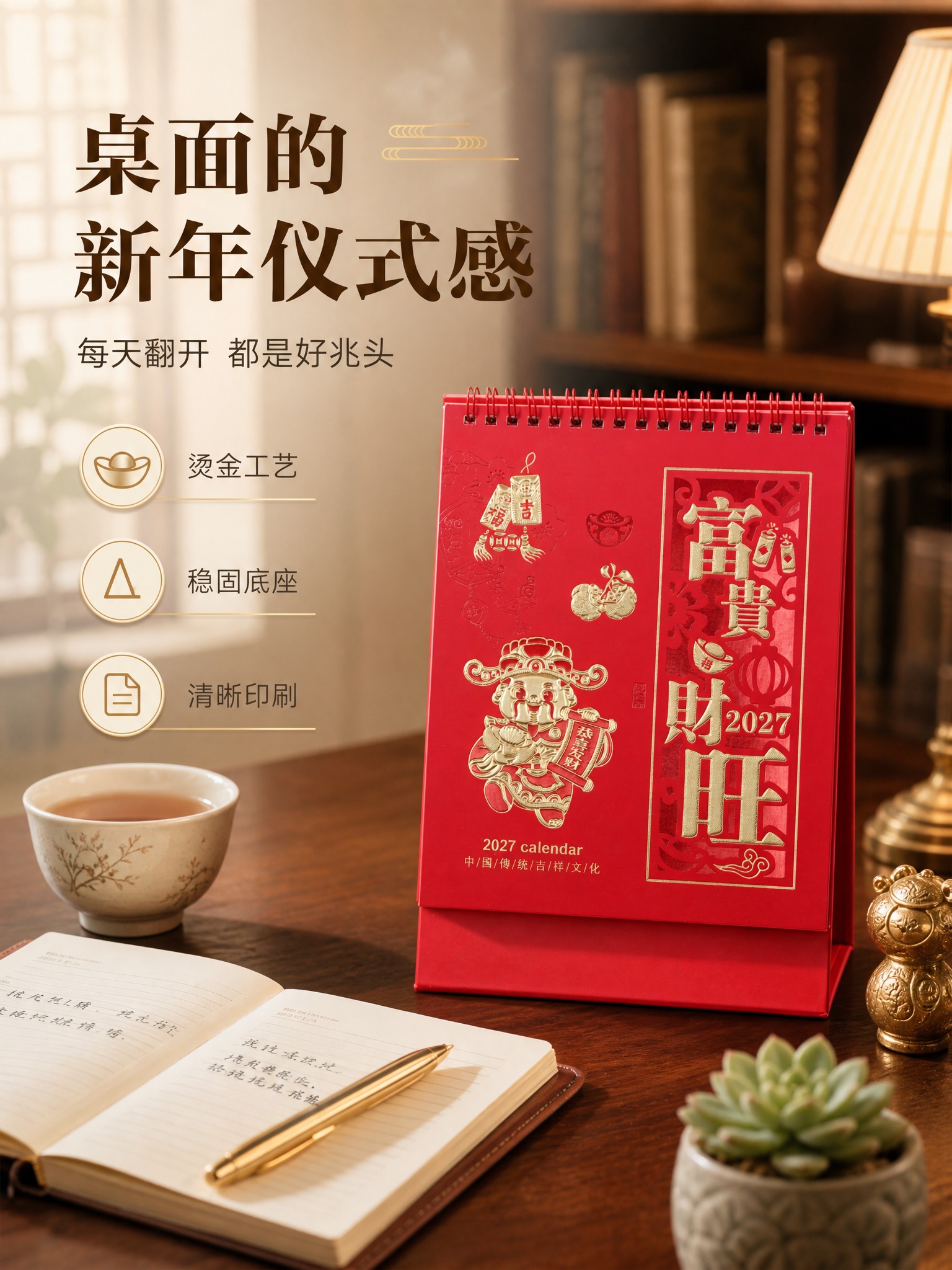 [商品] 使用【图1富贵财旺款】台历；保留红色底色、烫金财神图… - 图片创意预览