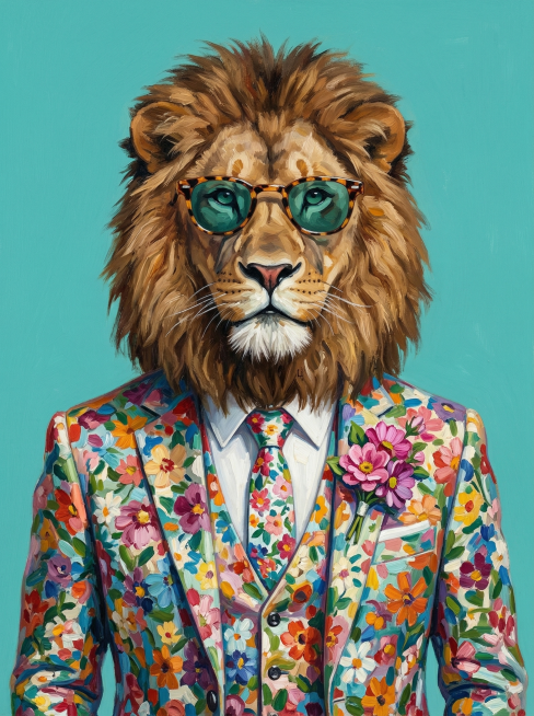 超现实主义拟人化动物肖像油画，融合写实油画技法与波普艺术明快色彩，现代创意肖像绘画。纯净青绿色纯色背景，无多余具象场景元素，简洁干净衬托主体。画面中心是拟人化狮子的上半身正面朝向观者，为视觉核心：狮子预览效果