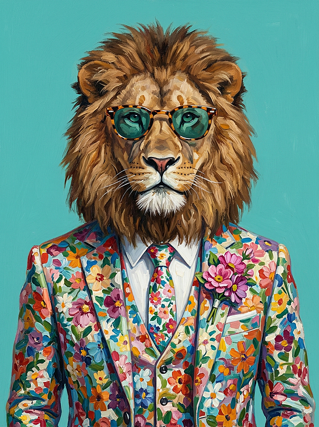 超现实主义拟人化动物肖像油画，融合写实油画技法与波普艺术明快色彩，现代创意肖像绘画。纯净青绿色纯色背景，无多余具象场景元素，简洁干净衬托主体。画面中心是拟人化狮子的上半身正面朝向观者，为视觉核心：狮子头部写实造型，棕黄色蓬松鬃毛，面部细节清晰，佩戴玳瑁纹边框、蓝绿色镜片的太阳镜；身着满印彩色花卉的三件套西装，内搭白色衬衫，系同风格花卉领带，西装左胸别着粉色与紫色花朵胸针。整体采用厚涂油画技法，笔触清晰可见，色彩饱满浓郁，色块与笔触表现毛发、布料质感，光影柔和自然。整体氛围诙谐俏皮、时尚明快，拟人化穿搭让狮子时髦可爱，传递轻松幽默活力满满的情绪，给人愉悦有趣的视觉感受。