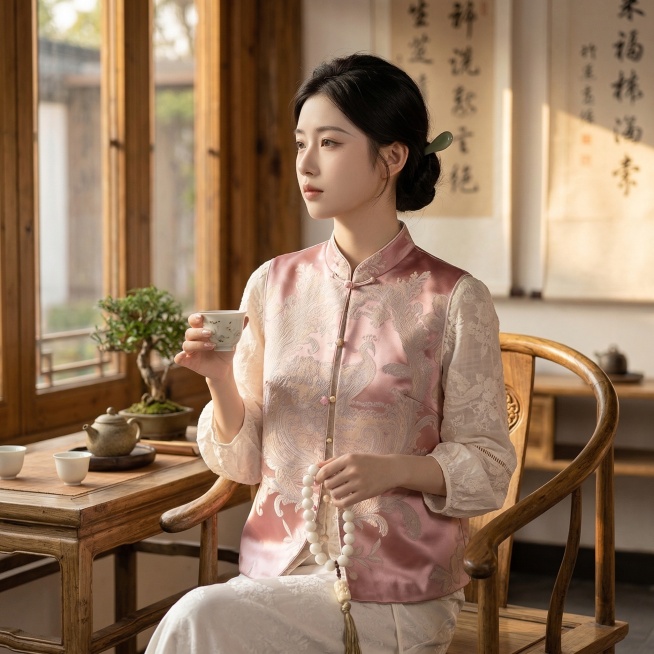 基于原图保留这件新中式服饰：粉色缎面提花马甲搭配米白色蕾丝内搭，保留服装版型和提花细节，生成电商主图，模特为清冷感淡颜系女生，发型为低盘发搭配玉簪，场景为原木风茶馆，光线为下午4-5点 golden预览效果