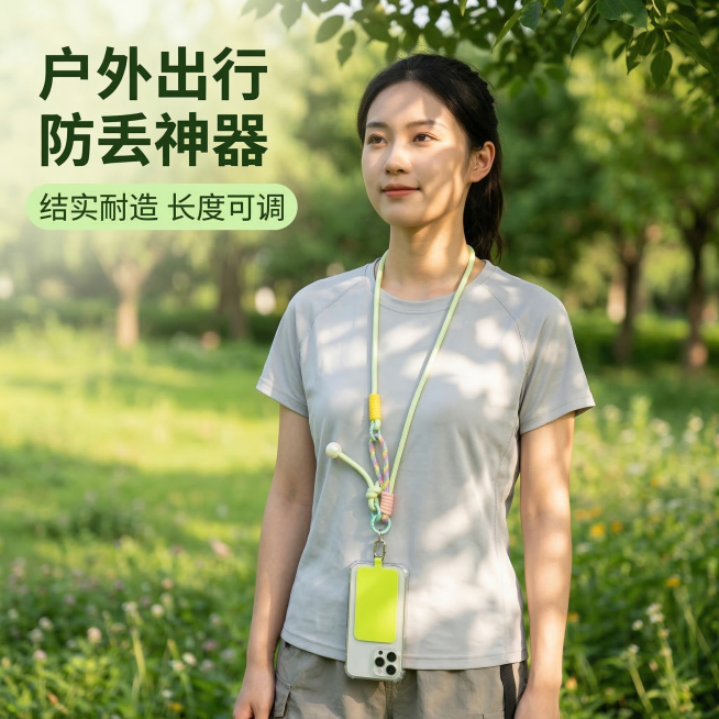 [主图主题]果绿挂绳户外出行使用场景
[氛围/风格]清新活力自然场景，阳光通透氛围感
[画面元素]一位年轻女生（亚洲面孔，穿浅色休闲运动装）脖子上挂着果绿色手机挂绳，手机自然垂在身前，背景是公园草地树预览效果