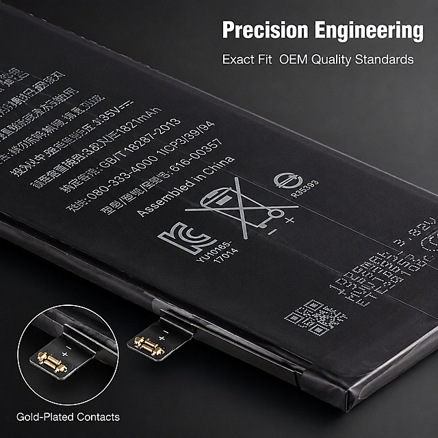 Close-up detail showcase image. Dark charcoal gray gradient background. The black lithium-ion battery is shown in a dramatic angled close-up, focusing on the connector tab end with the gold-plated contact pins visible in sharp detail. The battery surface with printed warning symbols, certification marks, and specification text is in crisp focus. Soft directional lighting from the left creates subtle highlights along the battery edge and connector contacts. Macro-level detail showing precise manufacturing quality. Upper right has white text: "Precision Engineering" with smaller text below: "Exact Fit  OEM Quality Standards". Bottom left shows a small inset circle magnifying the connector pins with label "Gold-Plated Contacts". Professional product detail photography, premium tech aesthetic. 1:1 square, ultra sharp.