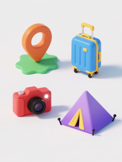 一组4个旅行主题的3D立体图标，保持相同风格和规整排布。每个图标都有圆润的边角、光滑的表面和渐变色彩处理。第一个图标是橙色定位标记放置在绿色波浪形底座上，第二个是蓝色行李箱带有黄色提手和滚轮，第三个是红色相机带有黑色镜头和白色闪光灯，第四个是紫色帐篷带有黄色门帘和黑色地钉。所有图标都有轻微的阴影效果，放置在纯白色背景上，整体呈现出简洁明快的视觉风格。预览效果