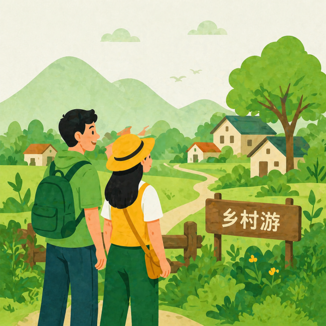 将参观主题图调整为正方形，背景风格和前面生成的四张图保持一致，保持两个人参观乡村的内容、扁平化风格以及浅绿色主色调不变预览效果