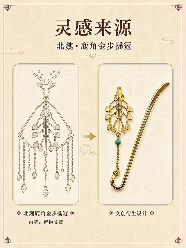 [商品] 使用【图5】鹿角金步摇冠饰金属书签实物图；保留金色金属弯钩、镂空鹿头鹿角花树吊饰、绿松石圆珠吊坠的完整结构与颜色；增强金属光泽与细节清晰度。
[画面] 灵感来源科普页，左右分栏版式；左侧：北魏鹿角金步摇冠文物线稿图，下方标注文物名称；右侧：本次书签实物图；中间用细金色箭头连接表示设计灵感来源；整体浅米仿古宣纸背景，红色细边框装饰，画面干净典雅。
[视觉] 套系策略：风格=国风雅致写实商业摄影；标题字=宋体衬线粗体；正文字=简洁宋体；主色=浅米金；背景延展=基于浅米金做深浅层级、同色渐变和细腻宣纸/织物质感；强调色=朱砂红，仅用于小面积图标、引线和标签；标题色=深棕金；正文色=暖棕灰；组件=细金色边框、圆角浅底信息卡、细线引线；光影=均匀柔和自然光。
[文字] 顶部居中主标题「灵感来源」、副标题「北魏·鹿角金步摇冠」；左侧文物图下方标注「内蒙古博物院藏」；右侧产品图下方标注「文创衍生设计」；所有文字横排，清晰工整。
[规格] 图片比例3:4竖版，4K，避免变形、错字、文字过小、冷蓝/蓝灰背景、产品颜色改变、结构失真。