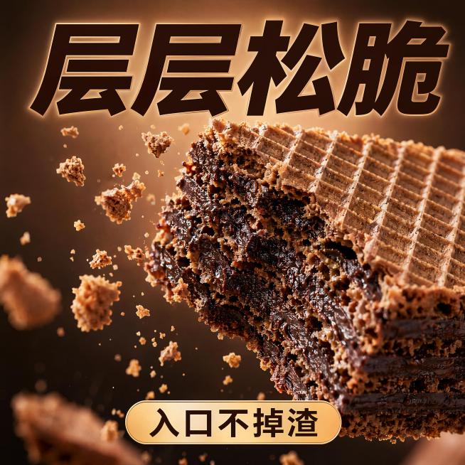 [主图-19] 西梅黑咖威化蛋白棒口感掉渣动态展示。保持产品外观与输入产品图一致，不变形无色差。氛围风格：动态酥脆瞬间，凸显口感。画质：高速摄影捕捉动态，清晰凝固瞬间。元素：咬了一口的威化蛋白棒，酥脆预览效果