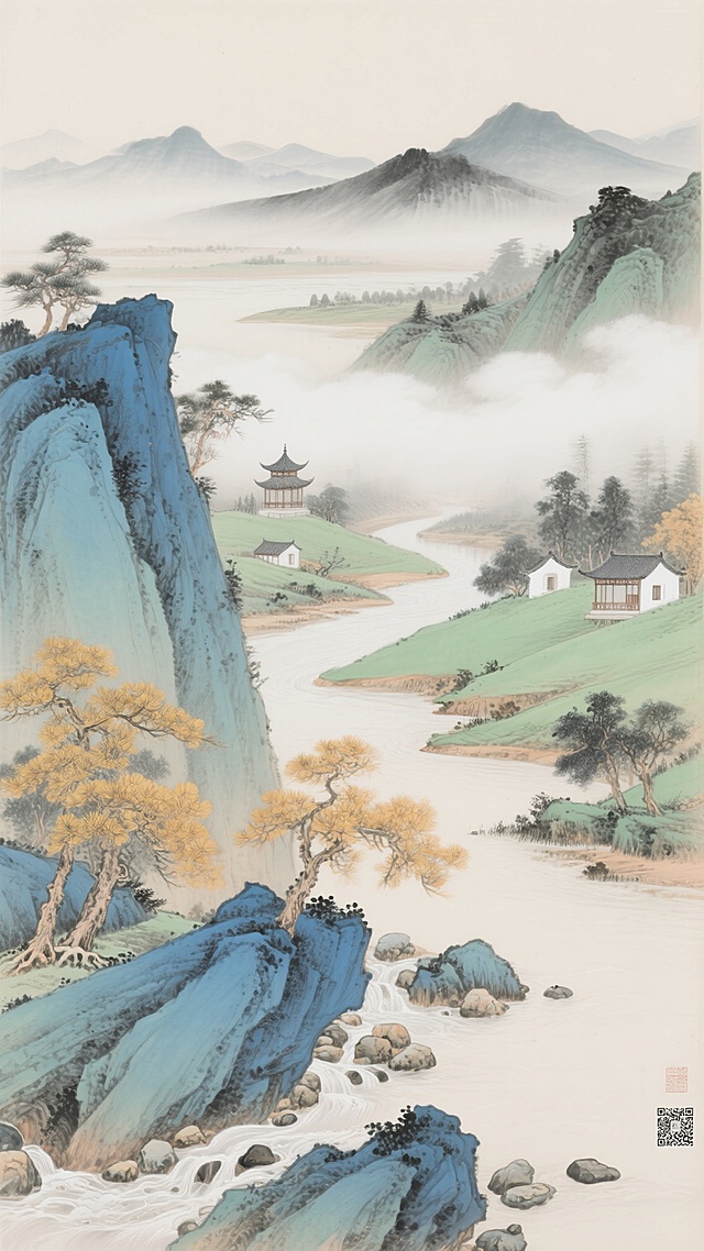 中国传统工笔山水画风格，以淡赭石、石青、石绿为主色调，柔和淡雅的山水意境，近景描绘陡峭的青蓝色山石，石间点缀几株金黄叶片的松树，山脚下有潺潺溪流与散落的鹅卵石，中景为蜿蜒的河流与平缓的绿色坡地，点缀着几座古朴的亭台楼阁与白色小屋，远景是连绵起伏的淡墨色远山与朦胧的水面，整体构图采用散点透视，笔触细腻工整，线条流畅，墨色层次丰富，云雾以留白和淡墨渲染营造空灵之感，变换布局后仍保持传统山水画的气韵生动与深远空间感，无文字及二维码元素。