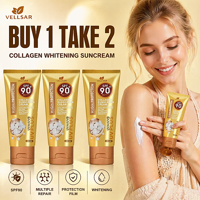 [单张主图] VELLSAR COLLAGEN WHITENING SUNSCREEN 胶原蛋白美白防晒霜，爆款促销感主图，展示美女涂抹防晒霜的使用画面。
参考比对：用户提供产品原图，生成时放置完整清晰的三支防晒霜实物图（和原图数量一致，三支软管），一位年轻欧美美女在画面右侧正在手臂涂抹防晒霜，保持防晒霜产品外观、包装形状、材质质感、土豪金色与棕色渐变包装与输入产品图绝对一致，杜绝任何变形和色差，精细化处理；产品主体整体占画面约65%。
构图版式：采用大数字背书型版式，三支完整的防晒霜放置在画面偏左侧，美女位于画面右侧，露出手臂正在涂抹这款防晒霜，展示产品使用状态，产品主体占比合计约65%，文字信息放在自然留白区域，不遮挡产品主体和模特人脸，信息层级明确，促销信息突出。
场景元素：明亮浅金色渐变背景，符合Shopee东南亚市场偏好色彩丰富突出信息的审美，年轻欧美美女皮肤白皙，穿着简约浅色度假风服饰，表情阳光愉悦，正在手臂处挤出少量防晒霜涂抹，展示产品轻薄水润质地，三支完整的产品整齐排列偏左侧。
文案版式：
左上角品牌"VELLSAR"
顶部促销主标题："BUY 1 TAKE 2"
主标题下方副标题："COLLAGEN WHITENING SUNCREAM"
底部四个卖点对应文字："SPF90" "MULTIPLE REPAIR" "PROTECTION FILM" "WHITENING"
所有文字均为英文，无任何中文字符，促销主标题字号最大最醒目，副标题次之，卖点文字最小，文字清晰可读，不遮挡产品主体和模特人脸，整体排版促销感强烈，信息清晰。
光影质感：主光源为明亮柔和的正面摄影光，均匀照亮产品和模特，辅光补充暗部细节，产品包装金色光泽自然真实，人物皮肤质感自然，产品和人物边缘有柔和投影，画面明亮通透，商业美妆摄影质感，产品包装细节、文字标签清晰锐利。
配色字体：主色调为产品本身的土豪金色搭配棕褐色，辅助色为浅金色背景，文字采用深棕色，和浅色背景形成强烈对比；主标题字体选用粗厚无衬线字体，突出促销信息，卖点文字为常规字重简洁无衬线，符合跨境电商促销主图热闹突出的风格。
比例分辨率：1:1比例，2048x2048 2K分辨率，文字清晰锐利，画面超高清。
负向提示词：变形，水印，文字错乱，产品图模糊，背景杂乱，中文文字，遮挡主体，色差，结构错误，伪Logo，畸形产品，杂乱边框，人脸畸形，产品变形，防晒霜包装颜色不一致，促销信息不清晰