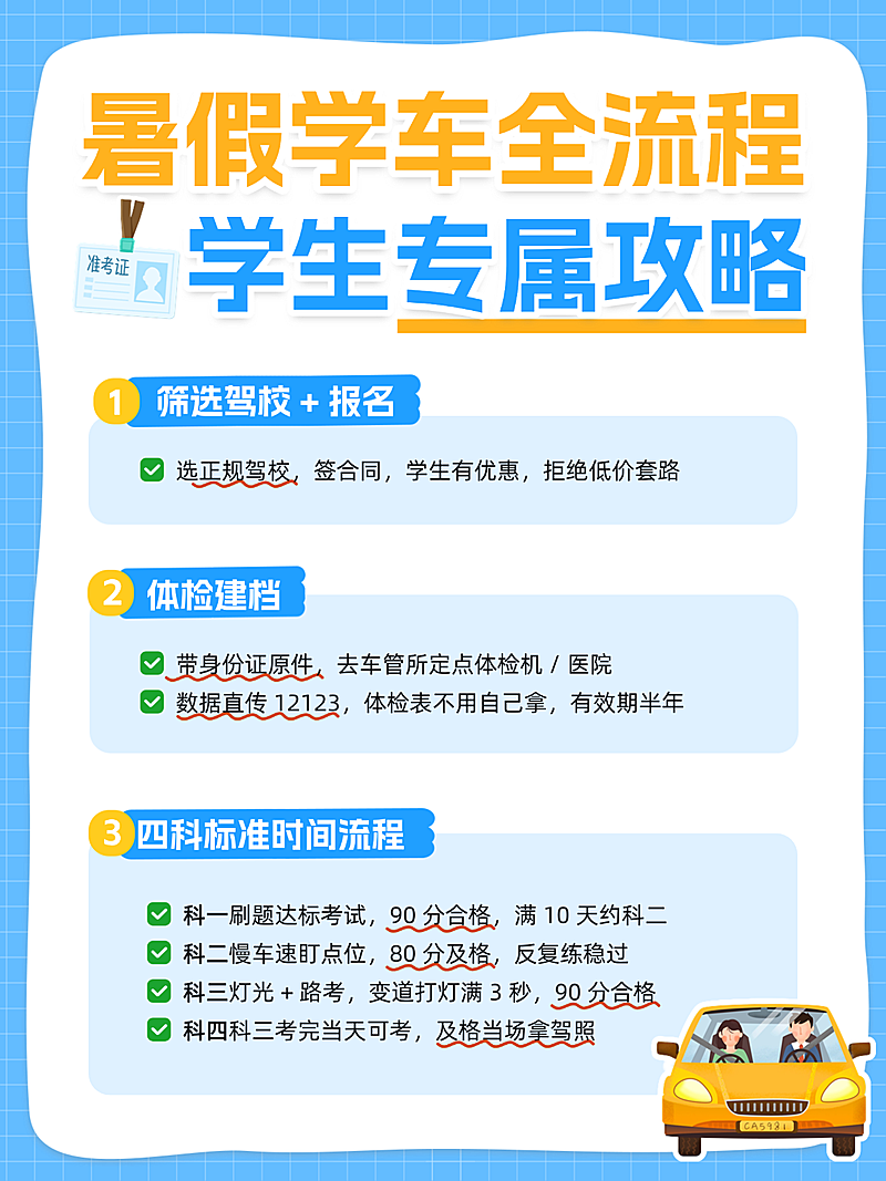 手帐风趣味插画暑期学车流程知识科普小红书配图