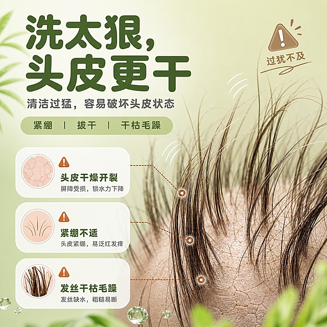 参考图版式复刻，保留画面骨架、干枯发丝特写和全部文案内容，仅将比例调整为1:1方版，字体全部改为圆润无衬线圆体风格（笔画圆润饱满，无尖锐棱角）。画面内容：右侧干枯毛躁发丝特写，左侧三个圆角问题卡片：头皮干燥开裂、紧绷不适、发丝干枯毛躁，每个卡片带警示图标和虚线引线指向发丝对应位置。右上角有过犹不及警示三角标。浅草绿清新背景，绿叶和水滴装饰。主标题大字圆润粗体，副标题圆润常规体，卡片文字圆润。整体风格：浅草绿草本清新风，小红书详情页质感。所有文字保持清晰可读，字体圆润柔和。