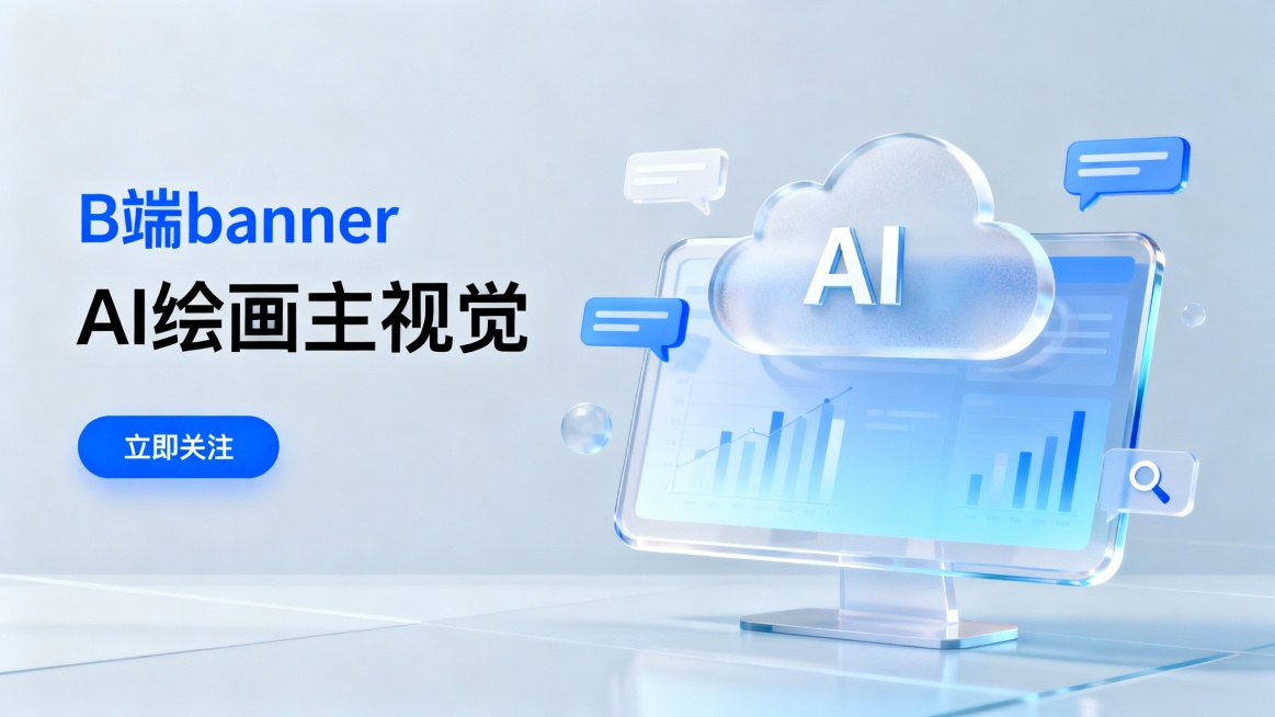 B端轻量毛玻璃风格，画面左侧为蓝色文字"B端banner"和黑色文字"AI绘画主视觉"，下方有一个蓝色按钮，按钮上方文字为"立即关注"。画面右侧主体：正中间有半透明磨砂质感的云，云上方有AI字体，后边预览效果