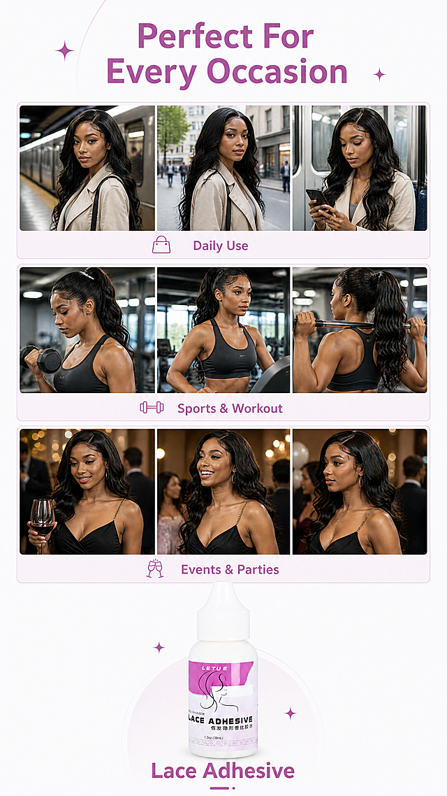 [Screen 7] Multiple usage scenarios page for lace wig glue.
[Style/Atmosphere] Authentic lifestyle collage, natural daily scenarios, show versatility of product
[Layout] Main headline at top, three equal-sized scenario grids in middle, product bottle placed at bottom. Each grid shows a different daily scenario: daily commute, gym workout, party event. Keep product appearance consistent with original.
[Lighting & Shadow] Natural lighting matching each scenario, overall even brightness, clear details for each scenario and product.
[Color Palette] Global background: #f8f8fa; Grid border: light pink; Main: natural scenario colors + white product + pink-purple label
[Perspective & Composition] Headline top, three horizontal scenario grids, product bottom, top-to-bottom stable layout, each scenario clearly displayed.
[Text Layout] Top headline: "Perfect For Every Occasion", each scenario grid bottom label:
1. Daily Use
2. Sports & Workout
3. Events & Parties
All text English, clear font, does not cover main scenario content, product name at bottom center.
[Resolution & Ratio] 9:16 vertical, 4K resolution, all text clear and readable.
[Negative Prompt] Deformed scenario, deformed product, garbled text, color distortion, watermark, crowded layout, messy background