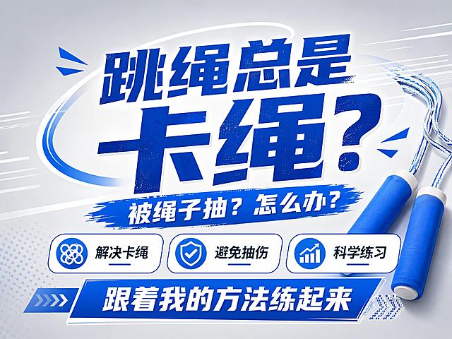 简约运动风内容种草海报，画面无人物，使用简洁蓝白活力配色，背景为浅灰色渐变，主体突出文字信息。主标题"跳绳总是卡绳？"，副标题"被绳子抽？怎么办？"，底部行动号召"跟着我的方法练起来"，附加卖点标签"解决卡绳 避免抽伤 科学练习"。版式精美，层次清晰，大标题居中放置，文字清晰可读，画面比例4:3，整体干净专业，适合运动教程分享。